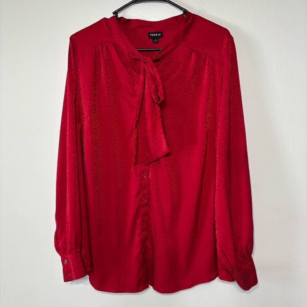 Torrid Red Animal Print Jacquard Tie Neck Button Up Blouse